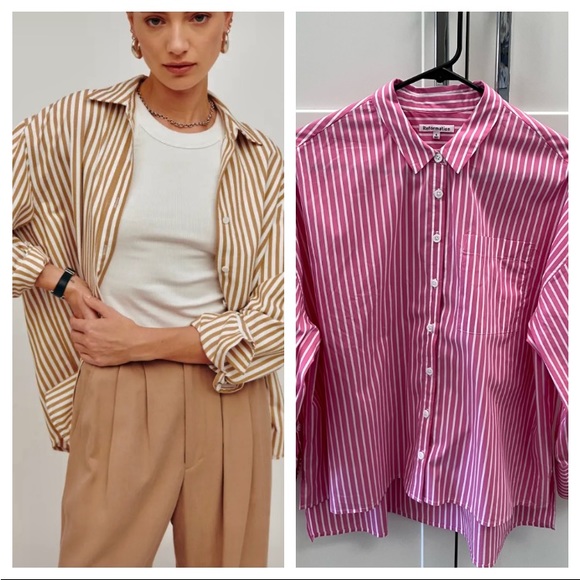 Reformation Tops - New Reformation Parker Relaxed Button Down Shirt-Size 4, Rose Pink/White